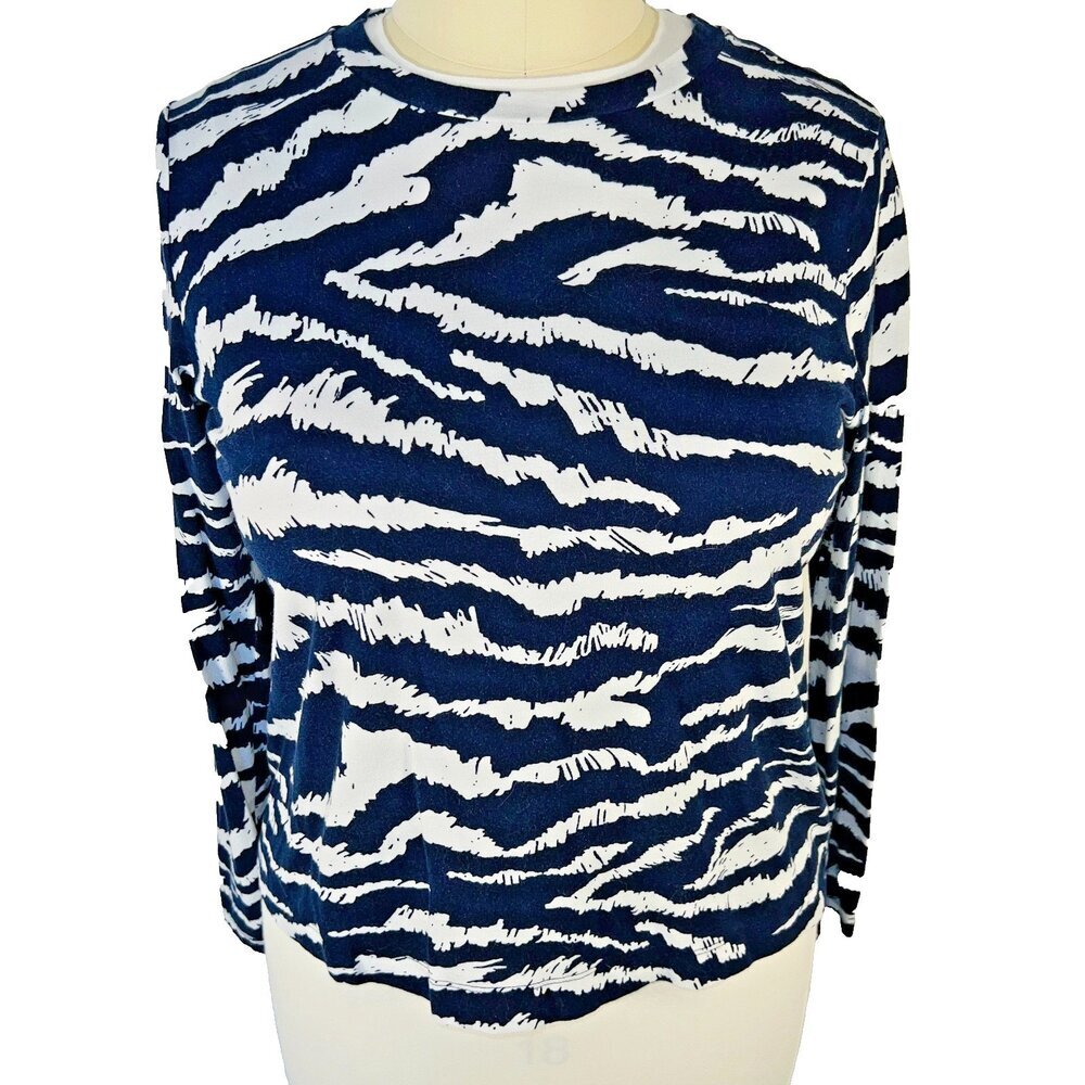 LOFT Shirt Blouse Womens XXL Navy White Abstract Tiger Print Long Sleeve Tee - Picture 2 of 12